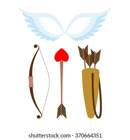 Cupid Weapons Set . Bow And Arrow With Heart. Quiver With Arrows. Angel Wings. Cupids Flank.