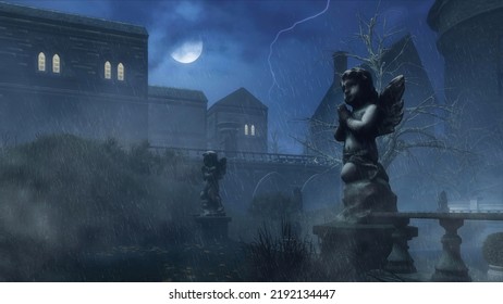 Cupid's Sculpture In Abandoned Autumn Park Against Old Scary Medieval Mansion At Dark Foggy Night With Heavy Rain And Lightning Flash. With No People Fantasy 3D Illustration.