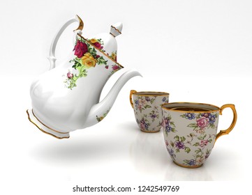 Cups of tea with teapot, 3d illustration