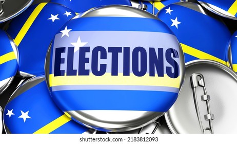 Curacao and Elections - dozens of pinback buttons with a flag of Curacao and a word Elections. 3d render symbolizing upcoming Elections in this country.,3d illustration
