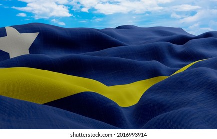Curacao flag in the wind. Realistic and wavy fabric flag. 3D rendering.