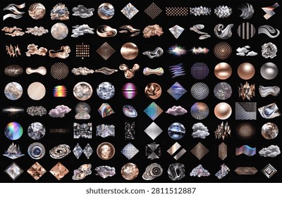 A curated collection of diverse abstract forms featuring metallic sheens and holographic spectral effects. Ideal for futuristic branding or sophisticated digital backgrounds.