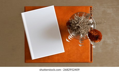 Curated interior table decor props with a book 3d rendering