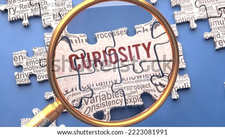 Curiosity as a complex and multipart topic under close inspection. Complexity shown as matching puzzle pieces defining dozens of vital ideas and concepts about Curiosity,3d illustration
