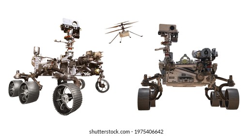 Curiosity And Perseverance Mars Rover,ingenuity Helicopter Drone Isolated.Elements Of This Image Furnished By NASA 3D Illustration.
