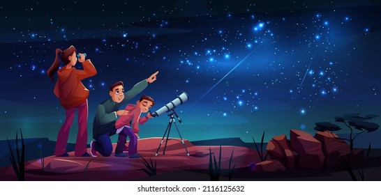 Curious cartoon family looks through telescope together on night sky background. mother, father and son watching planets. Astronomy education, cosmos exploration and universe discovery