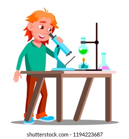 Curious Child Using A Microscope In School. School. Education. Illustration - Powered by Shutterstock