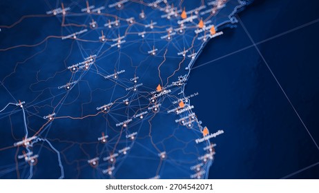Curitiba map big data visualization. Futuristic map infographic of city in Brazil. Visual map data complexity in modern blue and orange colors. 3D Illustration