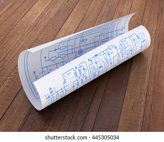 Curled sheets with an electronic lamp circuit on the wooden table. 3d illustration