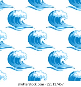 Curling cresting blue ocean waves in a repeat seamless background pattern in square format suitable for fabric or textile