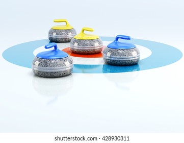 Curling stones in the center of target isolated on white background. 3d rendering.