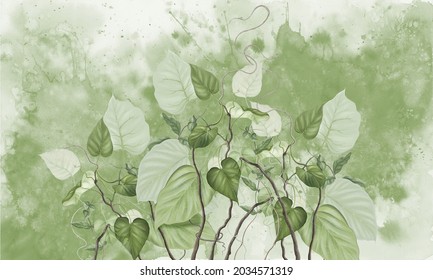 Curly Branches. Beautiful Painted Flowering Branches On The Abstract Green Watercolor Wall. Floral Background In Loft, Modern Style. Design For Wall Mural, Card, Postcard, Wallpaper, Photo Wallpaper.