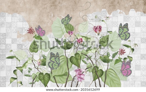 Curly branches with pink and green butterflies. Beautiful painted flowering branches on the abstract patterned grunge wall. Design for wall mural, wallpaper, photo wallpaper, etc.