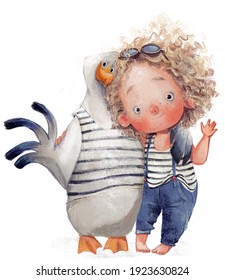 curly cute girl with an albatross character