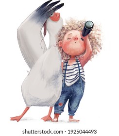 curly cute girl with an albatross character