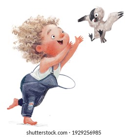 curly cute girl with little albatross character