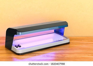 Currency Detector, Detector Banknotes On The Wooden Table. 3D Rendering