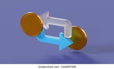 Currency exchange sign on isolated blue background with glass elements and golden coins 3d render