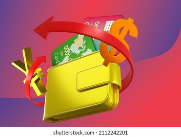 Currency Exchange. Wallet With Bank Cards. Japanese Yen And US Dollar Exchange. Design For Advertisement Of Foreign Exchange Transactions. Yen And Dollar Logo On Colorful Background. 3d Rendering.