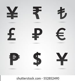 Currency Symbols Icon Set Isolated On White Background.