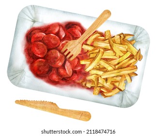 Currywurst a German street sliced sausage with curry ketchup. Watercolor illustration, isolated on white background. View from above.