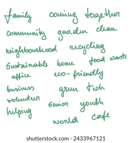 Cursive green handwritten positive words describing sustainability and community - Powered by Shutterstock