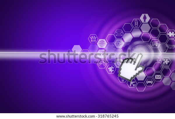 Cursor clicking on virtual purple screen on\
abstract background with\
signs