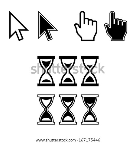 Cursor Icons. Mouse Pointer Set. Arrow, Hand, Hourglass. Raster Version