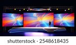 Curve Stage design. Conference Stage Designs. Meeting event scene, party scene design. Empty stage design for mockup and corporate identity, display. Platform elements in hall. 