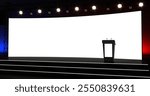 Curve Stage design. Conference Stage Designs. Meeting event scene, party scene design. Empty stage design for mockup and corporate identity, display. Platform elements in hall. 