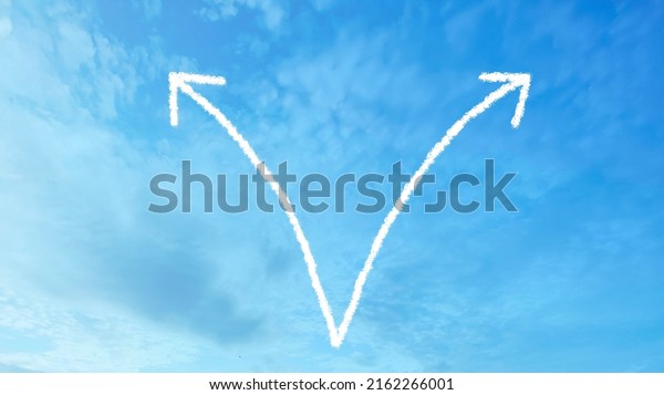 Curved arrow divided into two directions in\
blue sky\
background