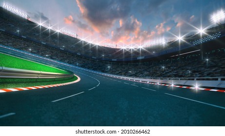 Curved asphalt racing track with cheering fans and illuminated floodlights.  Professional digital 3d illustration of racing sports.