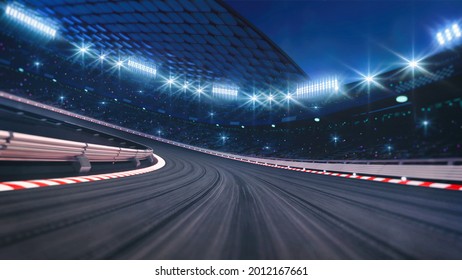 Curved asphalt racing track and illuminated race sport stadium at night. Professional digital 3d illustration of racing sports.	