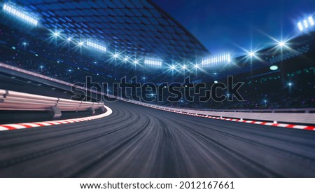 Curved asphalt racing track and illuminated race sport stadium at night. Professional digital 3d illustration of racing sports.	 Foto d'archivio © 