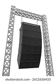 Curved Line Array Hanging from Metallic Truss Frame in 3D render isolated white background. 3d illustration