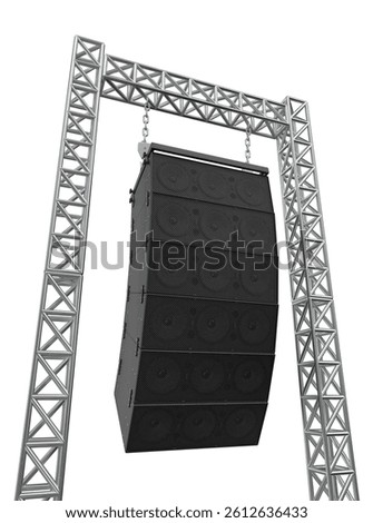Curved Line Array Hanging from Metallic Truss Frame in 3D render isolated white background. 3d illustration