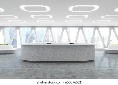 Curved marble reception counter is standing in an office hall with panoramic windows with triangular frames and squarish ceiling lamps. Futuristic design. 3d rendering mock up