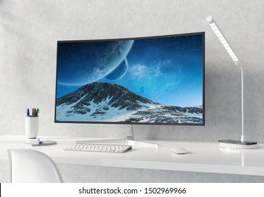 Curved monitor on white desktop and concrete interior with keyboard mockup 3D rendering