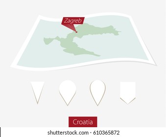 Curved paper map of Croatia with capital Zagreb on Gray Background. Four different Map pin set. Raster copy.