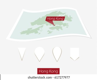 Curved paper map of Hong Kong with capital on Gray Background. Four different Map pin set. Raster copy.