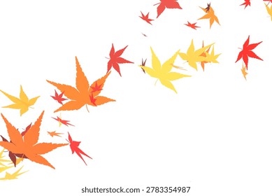 Curved path of falling autumn maple leaves on white background