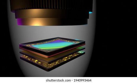 Curved sensor for digital camera with lens, prototype 3D rendering, stacked: matrix, magnetic bender, memory, processor. Space for text.