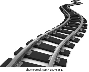 Curved Train Tracks On White Background. 3D Illustration.