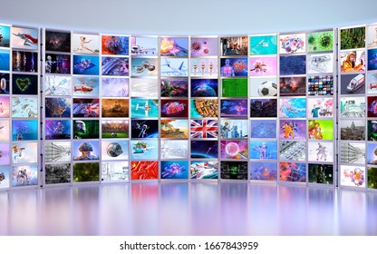 Curved Video Panels, Image Wall, TV Media Screens Background. HDTV 4K Television Broadcast, Video Business Multimedia Production Technology, Consumer Electronics, Advertising Presentation 3D Concept