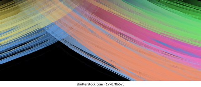 Curving Streaks Of Colors On Black Background, Lines Of Blue Orange Pink Green And Yellow With Glassy Texture Effect On Dark Background