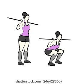 Curvy Fit Girl doing Barbell Squats Exercise, Glutes and Legs Gym Workout, Lipedema and Lymphedema Training Line Art Illustration  - Powered by Shutterstock