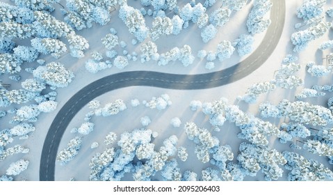 Curvy Winding Asphalt Road In Snow Cover Forest. Aerial Top View. 3d Rendering