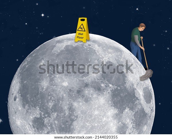 A custodian with a\
mop and his sign waring of a wet floor is seen on the surface of\
the moon in this 3-d illustration. If they find water on the moon\
he will be there.