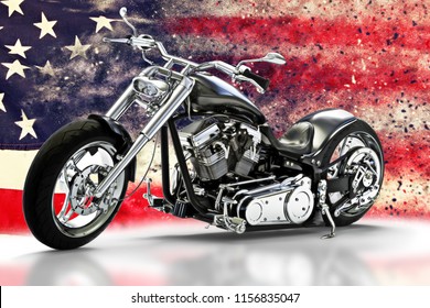 Custom black motorcycle with American flag background with dispersion effects. Made in America concept. 3d rendering
