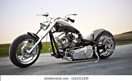 Custom black motorcycle on the open road. 3d rendering